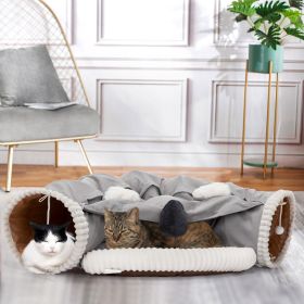 Collapsible Cat Tunnel Bed;  Hide Tunnel for Indoor Cats with Hanging Toys and Cushion Mat;  XH - Gray