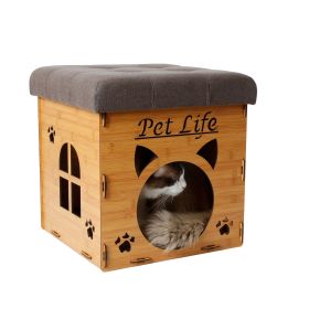 Pet Life Foldaway Collapsible Designer Cat House Furniture Bench - Light Wood