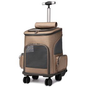 Portable Folding Trolley Pet Backpack Traveling Cat Backpack With Universal Wheel Trolley Pet Bag (Color: Khaki)