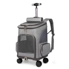 Portable Folding Trolley Pet Backpack Traveling Cat Backpack With Universal Wheel Trolley Pet Bag (Color: Light Grey)