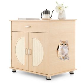 Cat Litter Box Enclosure with Sisal Scratching Doors and Storage (Color: Natural)