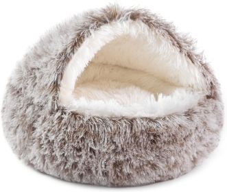 Cat Bed Round Soft Plush Burrowing Cave Hooded Cat Bed Donut for Dogs & Cats, Faux Fur Cuddler Round Comfortable Self Warming pet Bed, Machine Washabl (Color: Beige, size: 20 'for cat up to 15 lbs)